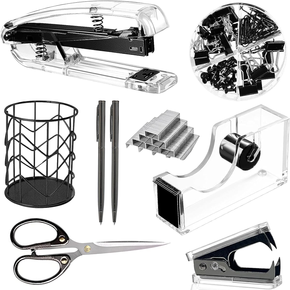 Office Desk Accessories,Office Supplies Set Acrylic Stapler Set Staple Remover, Tape Holder, Pen Holder, 2 Ballpoint Pen, Scissor, Binder Clips, Paper Clips and 1000pcs Staples(Black)