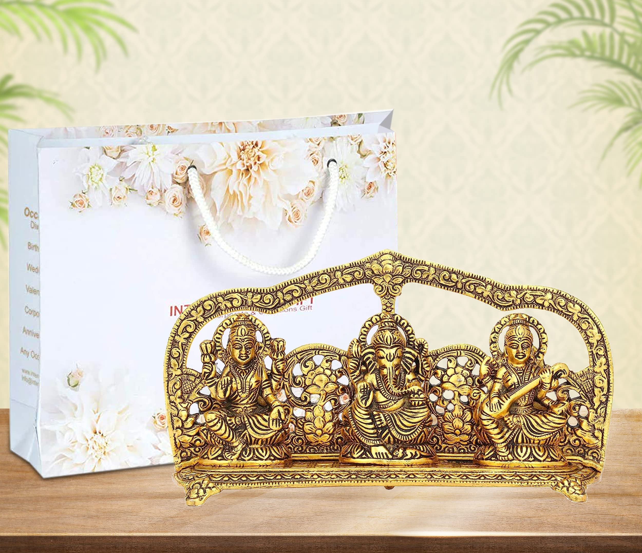 INTERNATIONAL GIFT® Gold Plated Laxmi Ganesh Saraswati GodIdol Statue Oxidized Finish with Beautiful Velvet Box Packing and with Carry Bag (14H x 25W x 5L Centimeters)