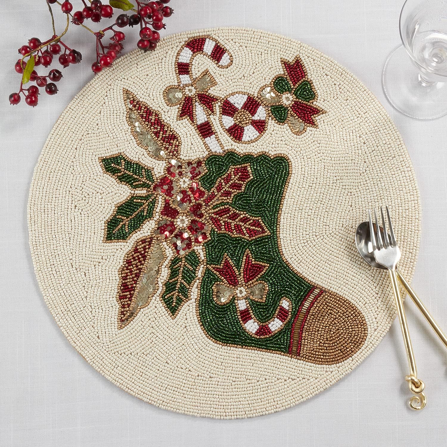 Fennco Style Hand Beaded Christmas Stocking Holiday Placemat 15" Round, 1-Piece - Red & Green Table Mat for Banquets, Holiday, Special Events and Home Décor