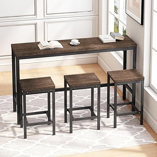 Miniatura 3 de Merax Juego de mesa de comedor extra larga de 4 piezas con 3 taburetes con reposapiés, mesa de comedor de cocina de diseño moderno, mesa de pub,