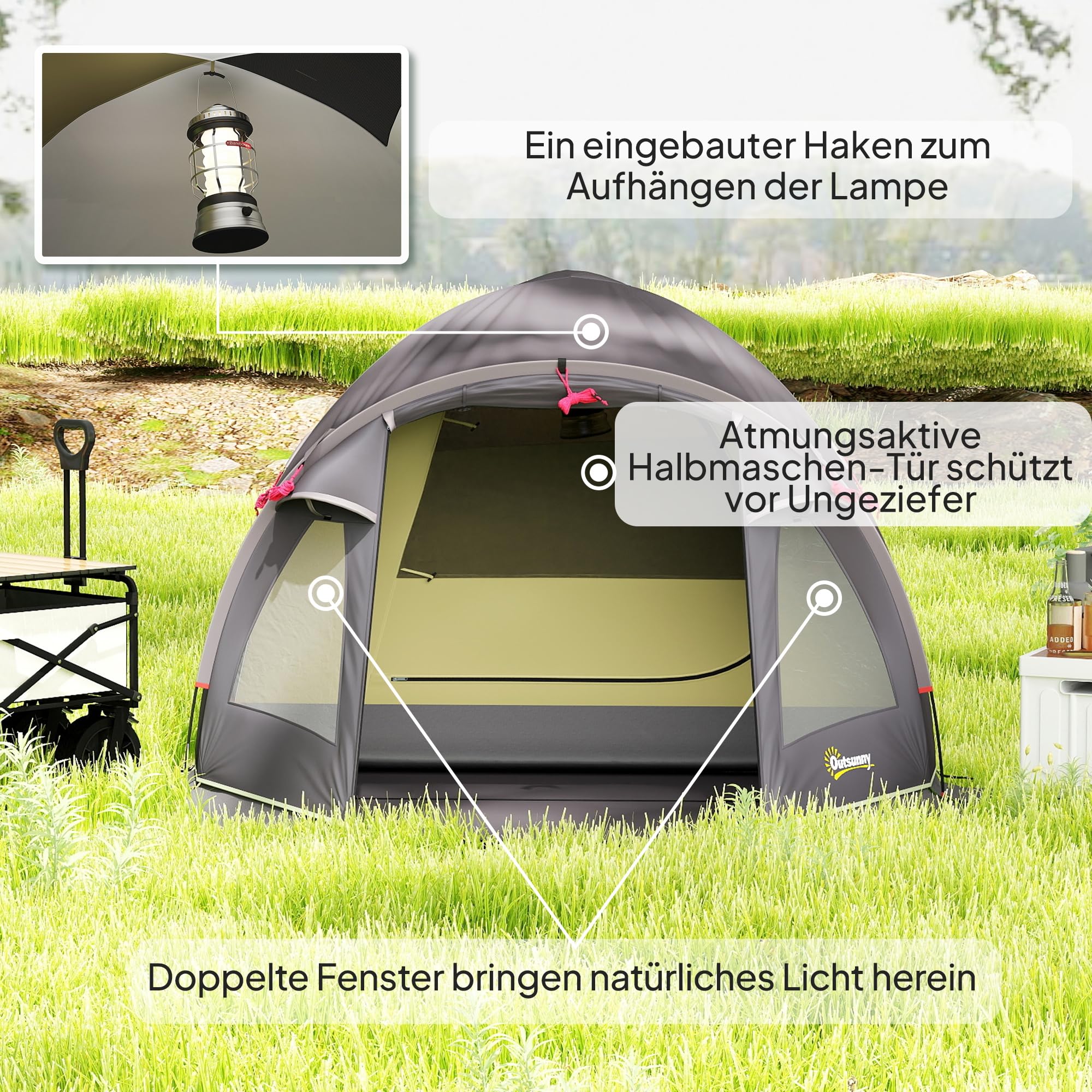 Outsunny Campingzelt für 2 Personen, Leicht Stabil Wasserdicht UV 50+ | Tunnelzelt Mit Vordach, Seitentür&Fenster, Bodenplane, Familienzelt, 3000mm Wassersäule, Camping Reise Trekking