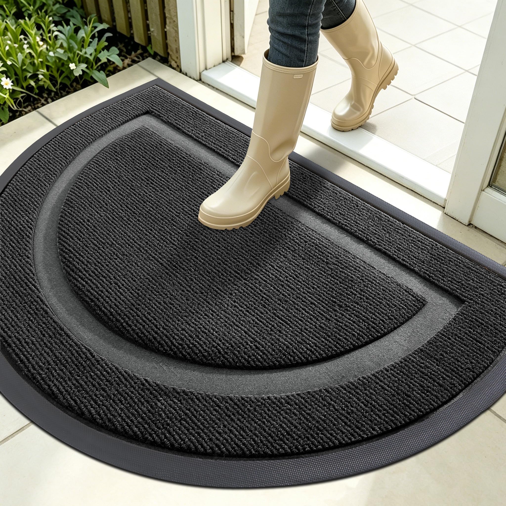 OLANLY Half Circle Front Door Mat Outside 35x23 All-Season Rubber Doormat | Black, Absorbent, Heavy-Duty, Stain and Fade Resistant, Waterproof Non-Slip Backing, Low-Profile Indoor Outdoor Entryway Mat