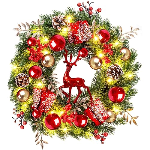 Quntis Lighted Christmas Wreath Front Door - 16'' Reindeer Winter