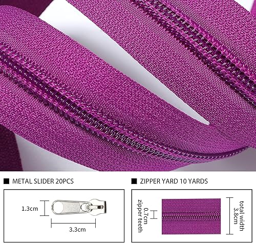 Miniatura 2 de Kimix The Yard - Cremalleras a granel de nailon #5 de 10 yardas, cinta morada con 20 deslizadores plateados para coser bolsas de artesanía a medida