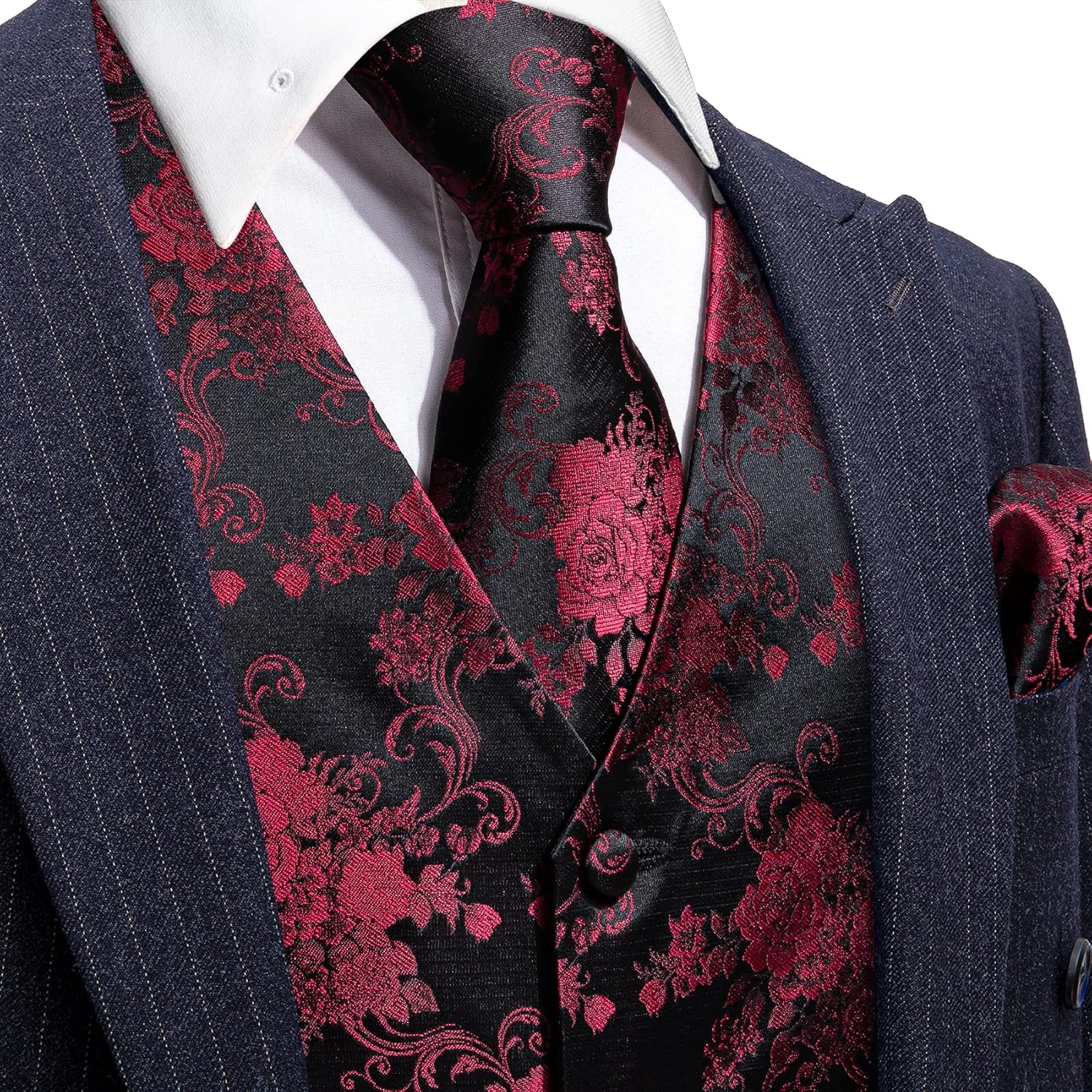 Barry.Wang Men's V-Neck Suit Vest Solid Paisley Waistcoat Silk Tie Hanky Cufflink Clip Set Wedding Party Business Formal - Image 3