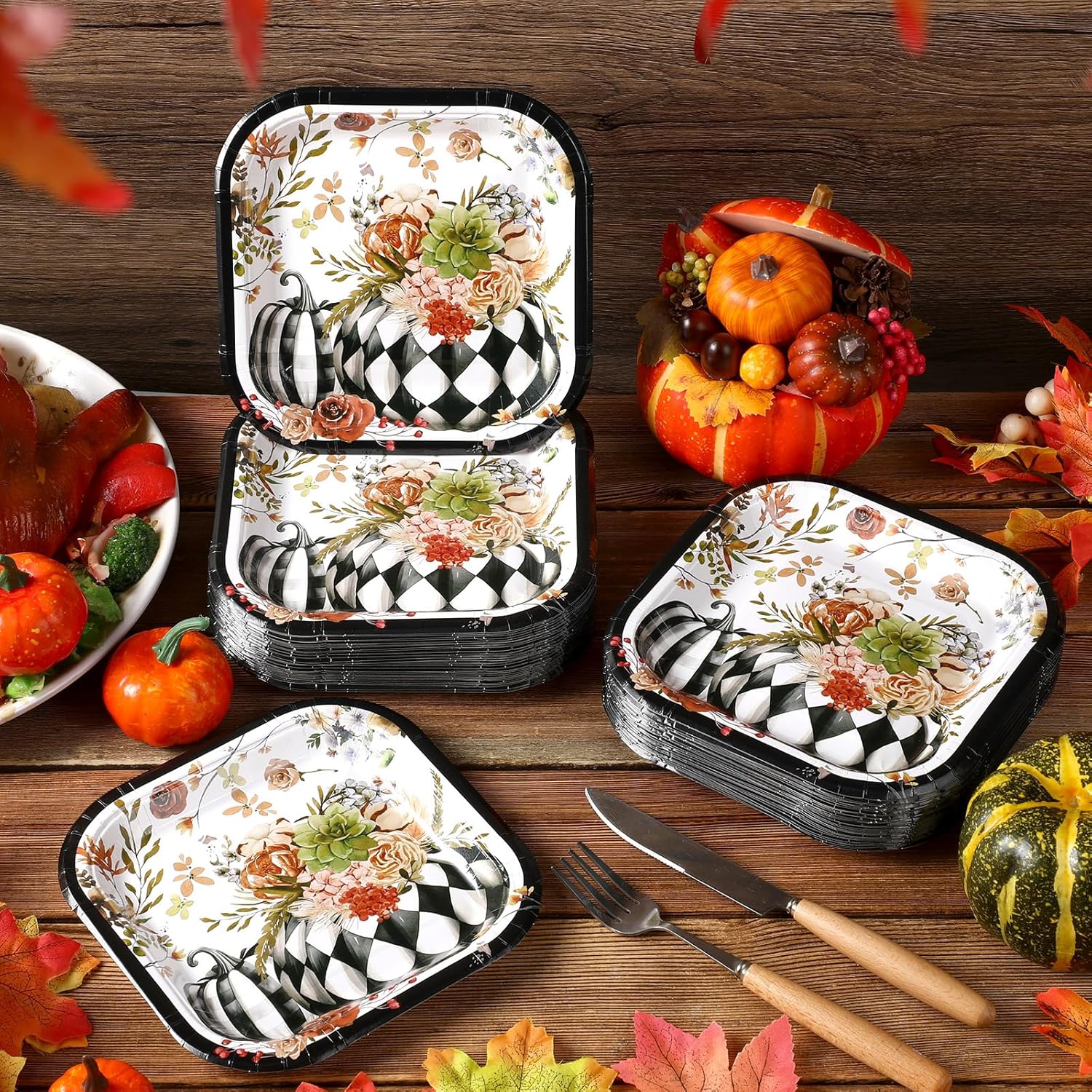 Lallisa 100 Pack Fall Thanksgiving Paper Plates Black and White Pumpkin Disposable Square Plates Thanksgiving Decorative Disposable Tableware Fall Table Decor Party Supply Rustic Harvest