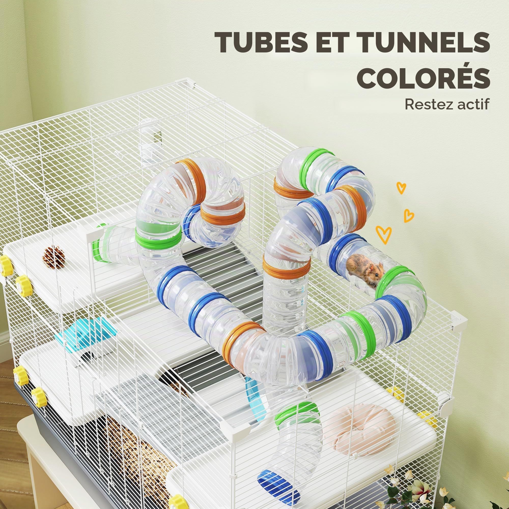 PawHut Cage Hamster 4 Niveaux avec Roue 78x45x73 cm Gris | Cage rongeur, bol nourriture, tunnel, cabane, porte supérieure, pour hamster syrien