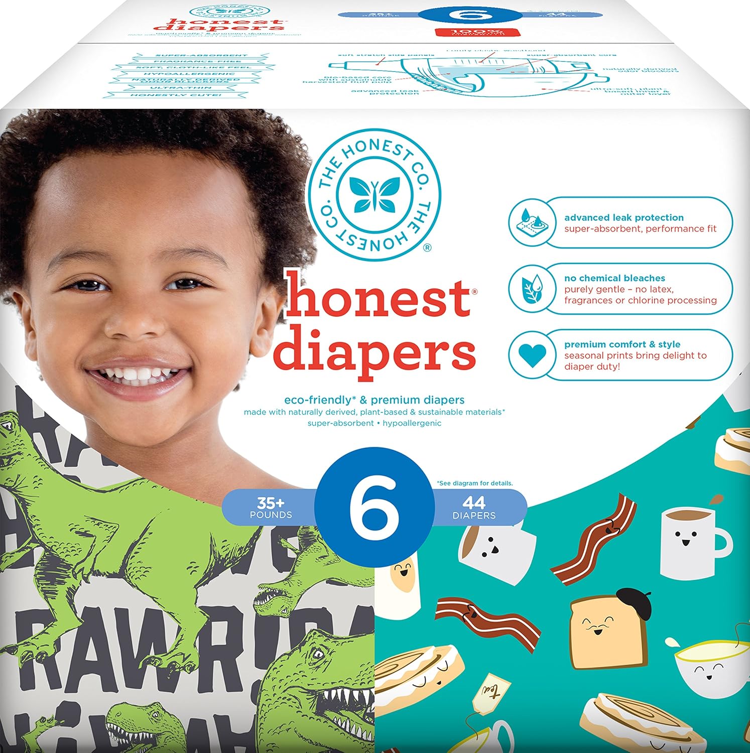 Honest Baby Diapers, Club Box, T-Rex & Breakfast, Size 6, 44 Count
