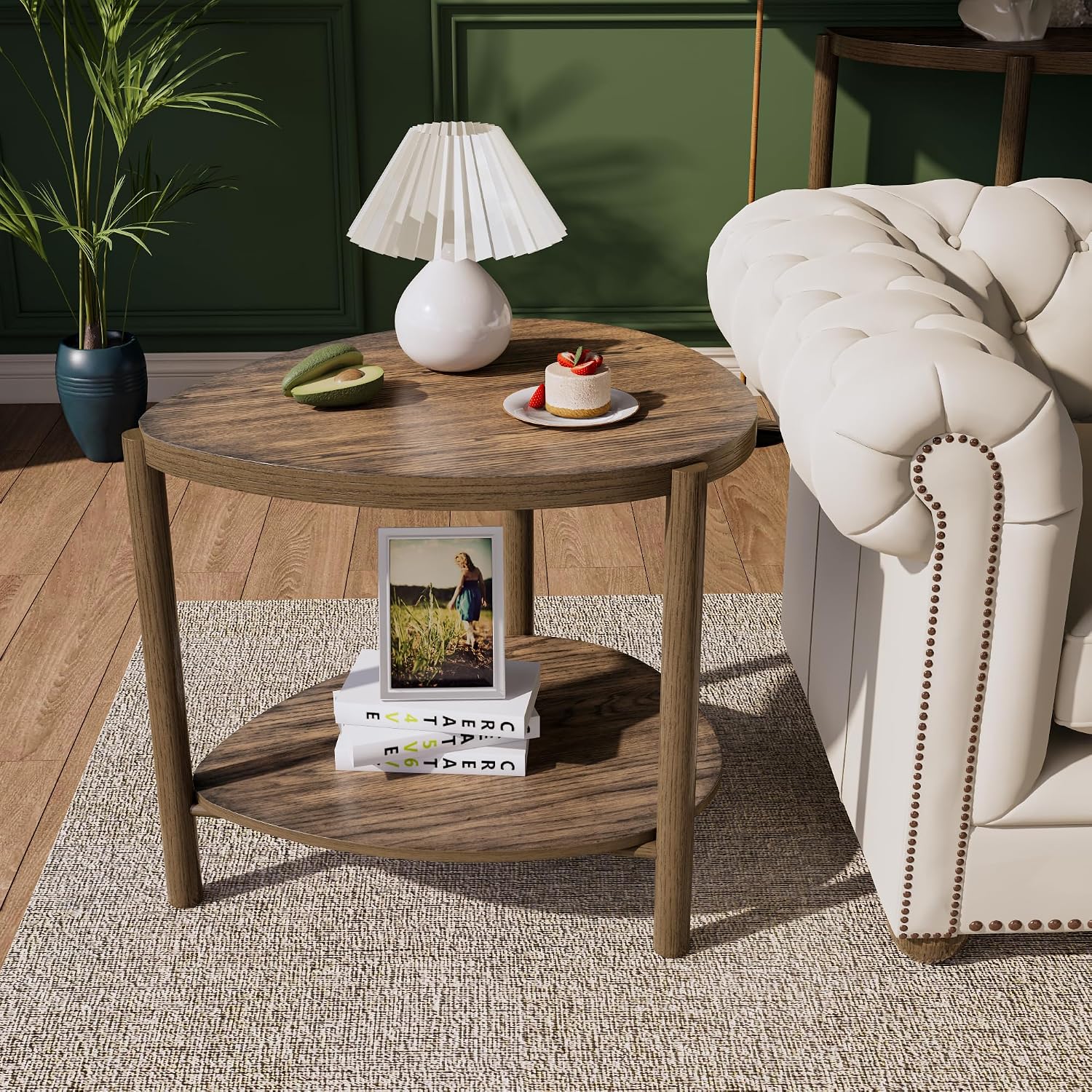 Teardrop Two-Tier End Table with Storage Open Shelf, Narrow Side Table with Leg, Farmhouse Style of Beside Table Living Room, Natural, BZ-T777-LT