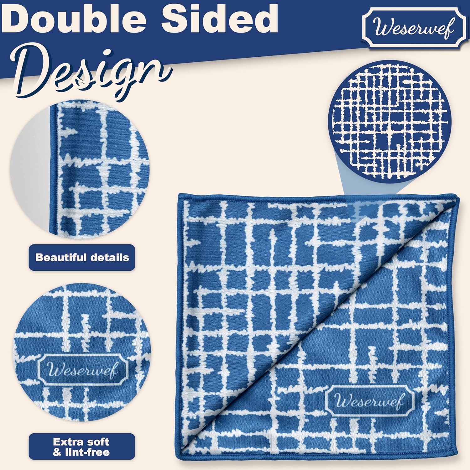WESERWEF Design Microfiber Glasses Cleaning Cloth – Premium Cleaning Cloth for Eyeglasses, Screens, Tablets, Cameras & Lenses, 12" x 12", Ultra-Soft & Scratch-Free (Blue)