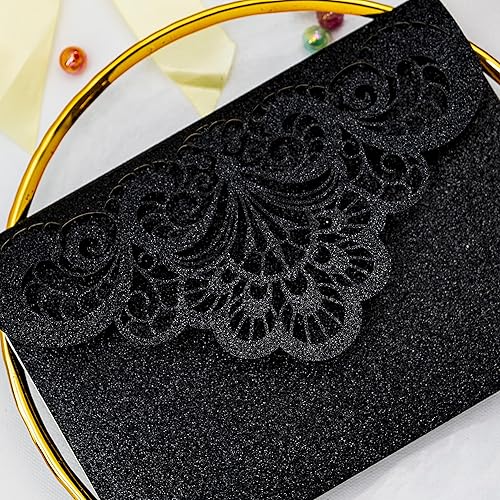 Miniatura 6 de Builcker Tarjeta de felicitación, 20 tarjetas de invitación con purpurina negra cortada con láser para bodas, fiestas, cumpleaños, graduaciones, Año