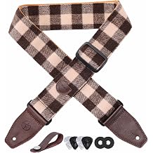 YIKOKO Guitar Strap 2", Cashmere Check Pattern, with Soft Brown Full-grain Leather Ends, for Bass, Electric, and Acoustic Guitars, with a full set of accessories