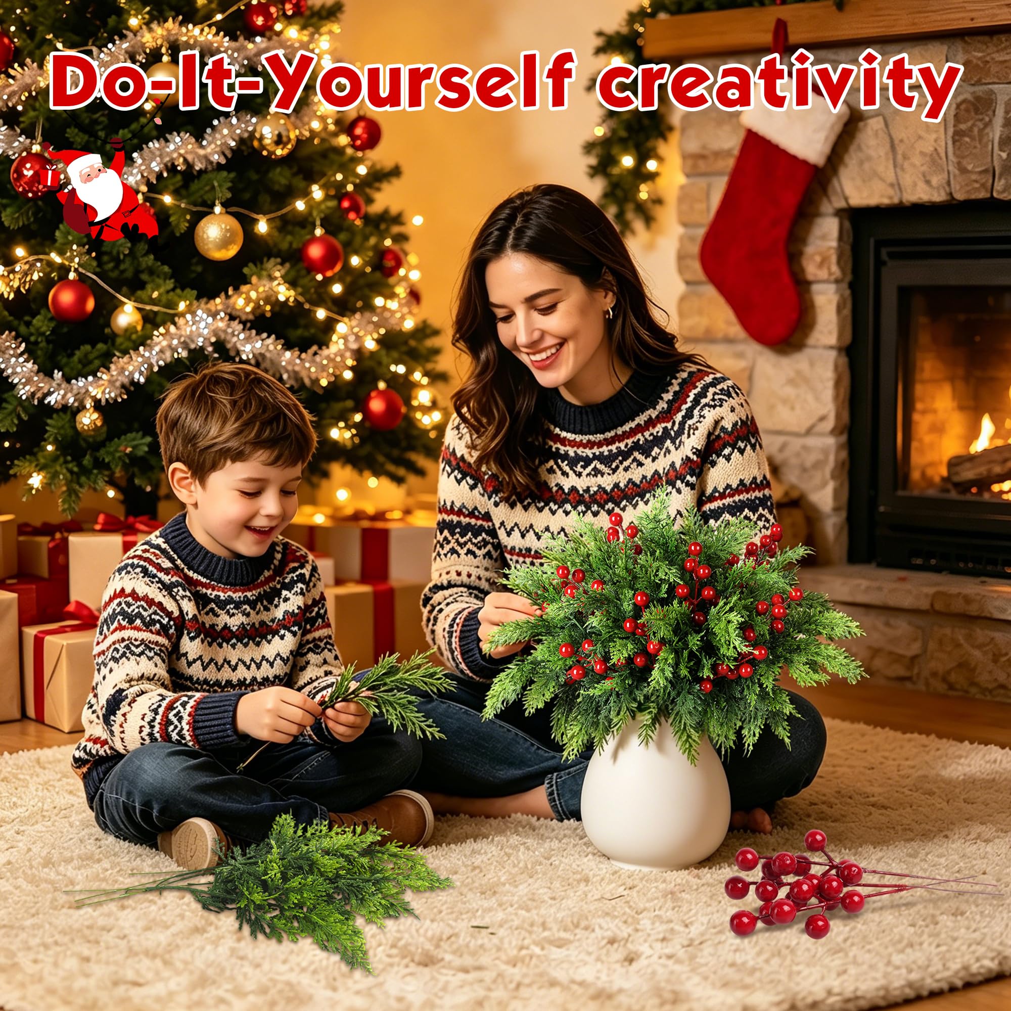 WISELIFE Weihnachtsgrün mit Beerenstielen für Weihnachtsdekorationen im Innenbereich, kurze Tannenzweige und Weihnachtsspieße für Kränze, Tischdekoration und Vasenarrangements, 45 Stück