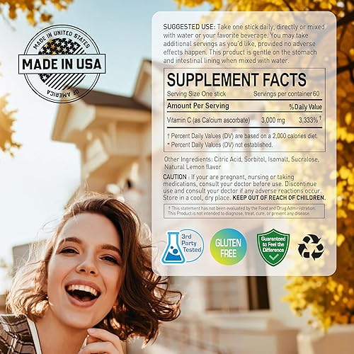 Miniatura 3 de Vitamina C pura tamponada 3000 mg por porción, suplemento dietético para apoyo inmunológico - 60 barras x 1 botella, suministro de 2 meses (60