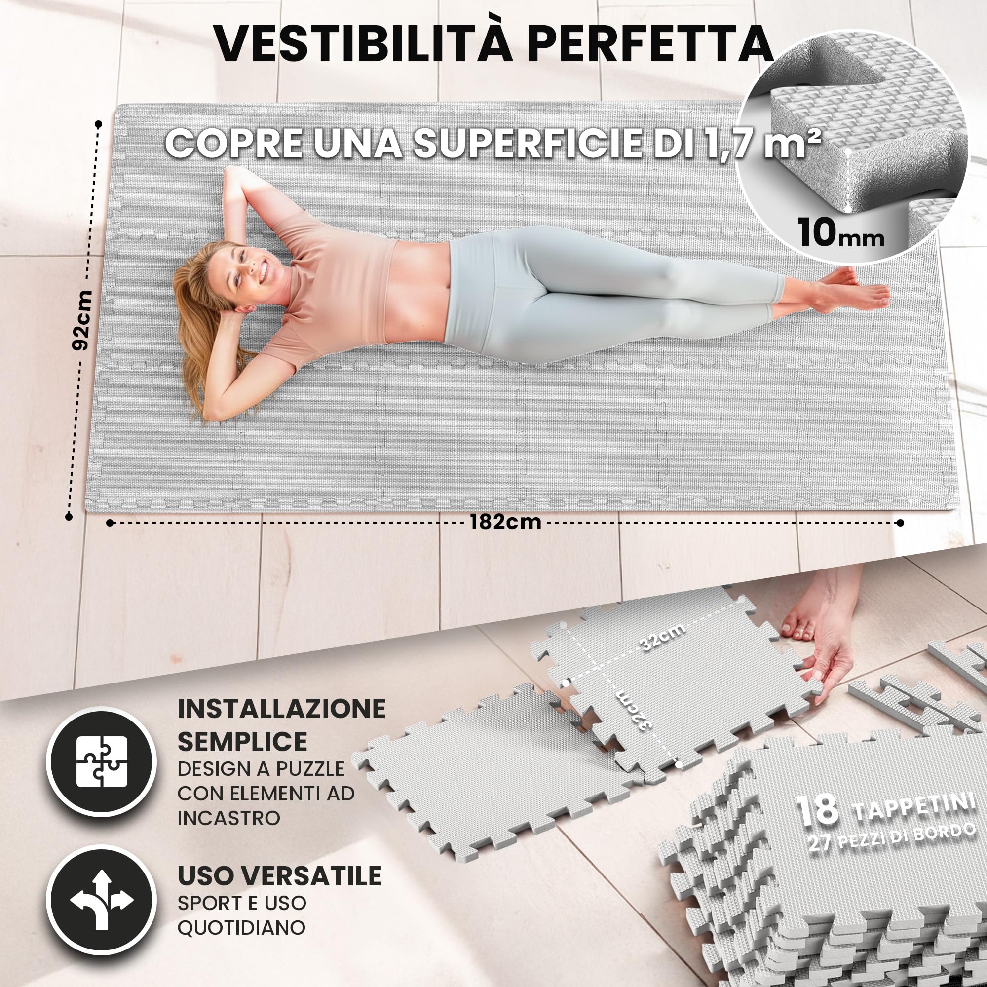 Tappeto da ginnastica a puzzle – set di 18 pezzi | superficie di protezione per pavimenti | materassino per palestra, workout, fitness | tappetino facile da pulire | efficace contro i liquidi e urti
