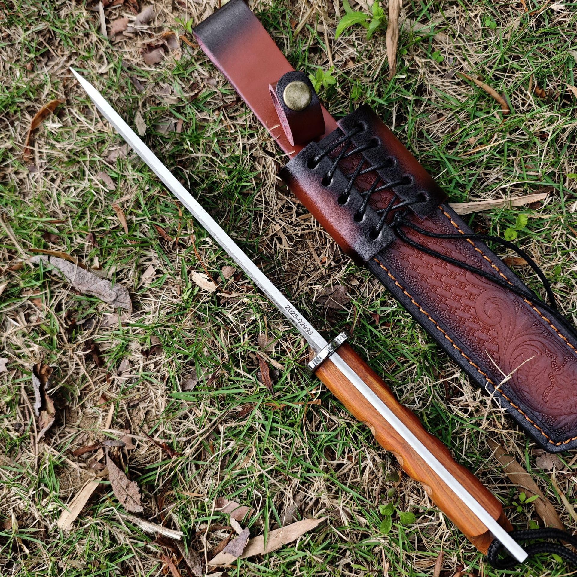 Cuchillos de hoja fija Caza está hecho de acero M390 tanto Mango De Madera, Con Funda De Cuero, Camping De Supervivencia Para Outdoor Supervivencia y Camping (V)