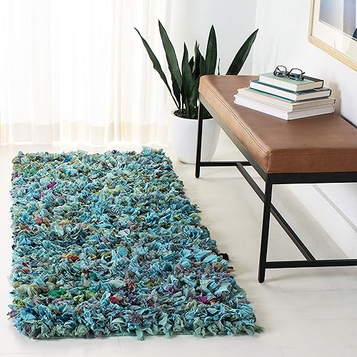 SAFAVIEH Rio Shag Collection - Alfombra decorativa, 2 pies 6 pulgadas x 4 pies, azul y multicolor, decorativa hecha a mano, 3.5 pulgadas de grosor,