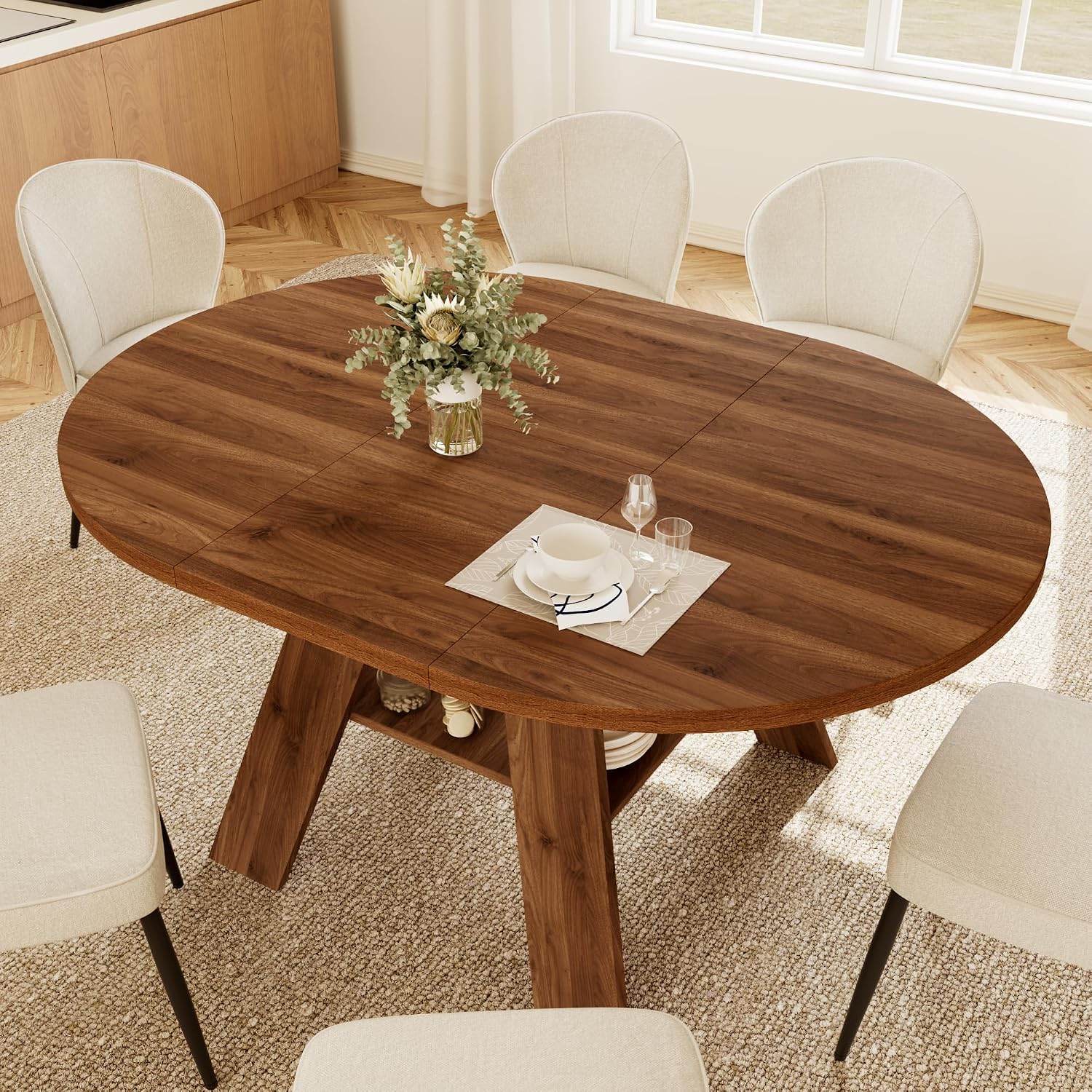 HIPIHOM Round Dining Table Set for 6, Extendable Kitchen Table 43” Round to 59” Oval with Storage Shelf + 6 Upholstered Chairs, Space Saving for Modern Dining Room (Walnut Table + 6 White Chairs)