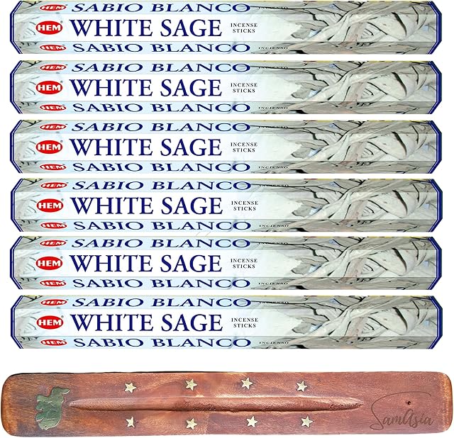 HEM Incense sticks | Pack of 6 | with SAMASIA incense stick holder for Aromatherapy, Incense Spa, Yoga, Meditation, Healing, Spirituality and Relaxation (White Sage)