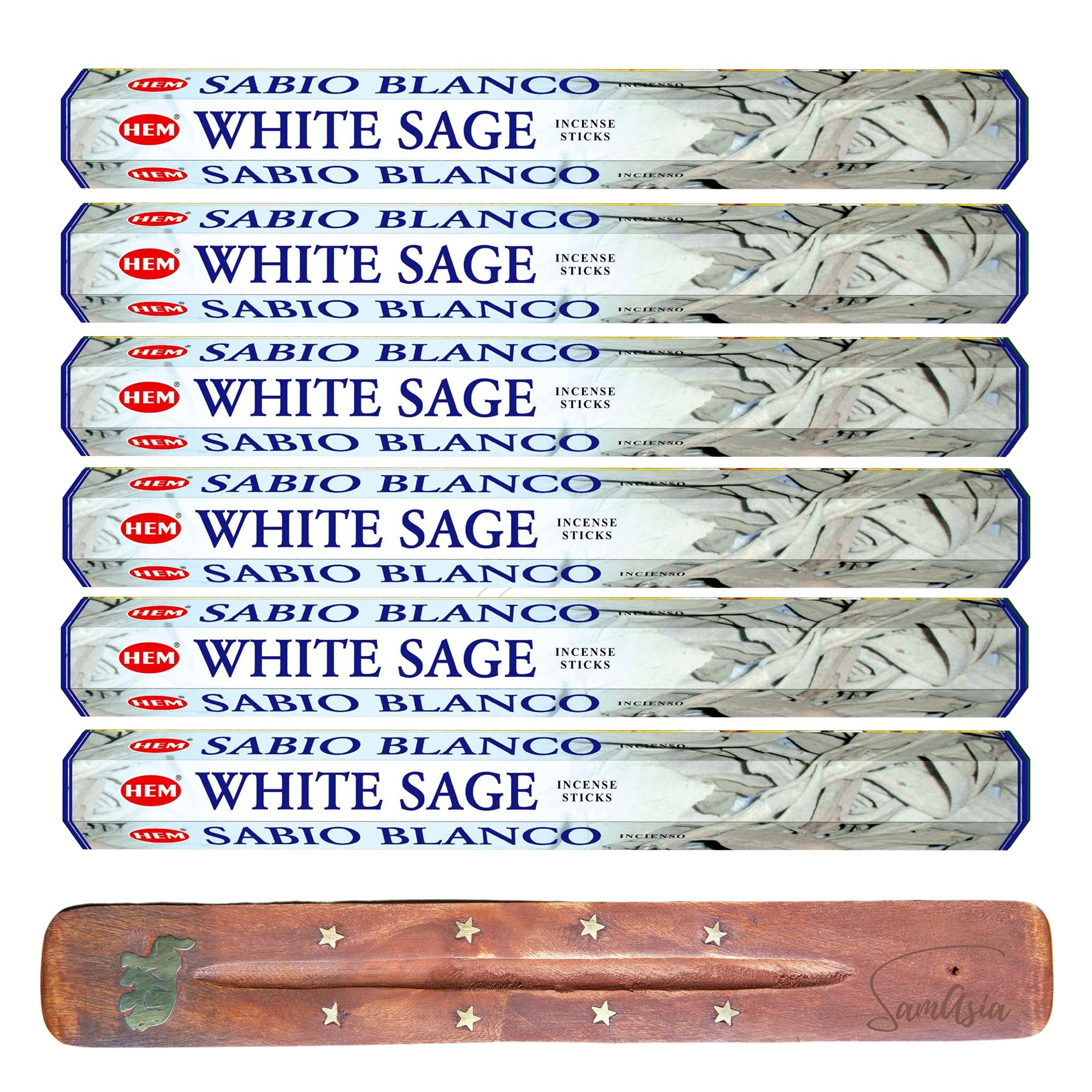Samasia White Sage Hem Incense Sticks | Pack Of 6 | With Incense Stick Holder For Aromatherapy, Incense Spa, Yoga, Meditation, Healing, Spirituality And Relaxation (White Sage)