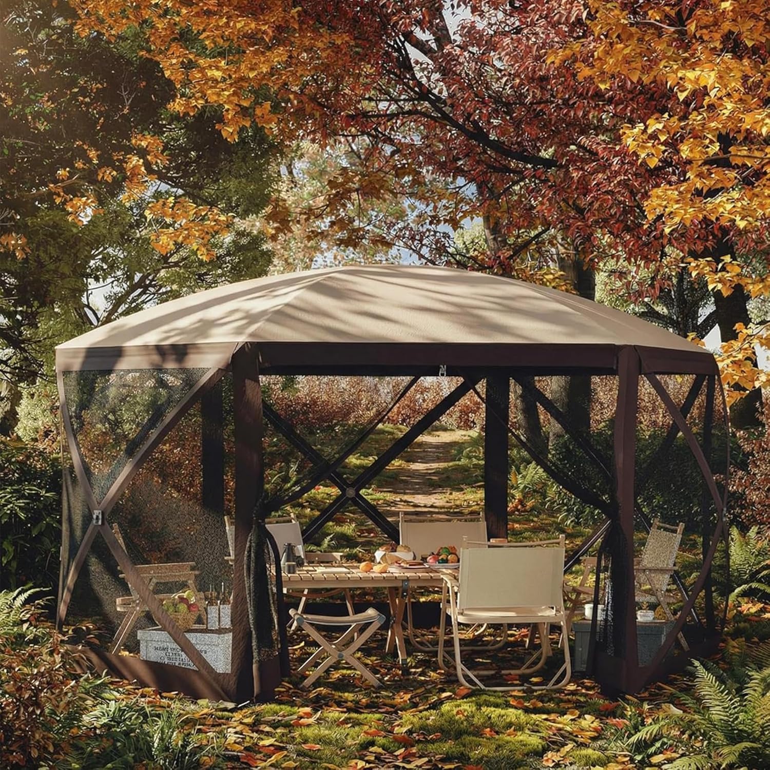 12x12ft Pop-Up Gazebo Screen Tent, 6-Sided Camping Canopy Tent with Mesh Windows & Wind Panels, Screen House Tents for 6-8 Persons Outdoor Camping, Backyard Parties