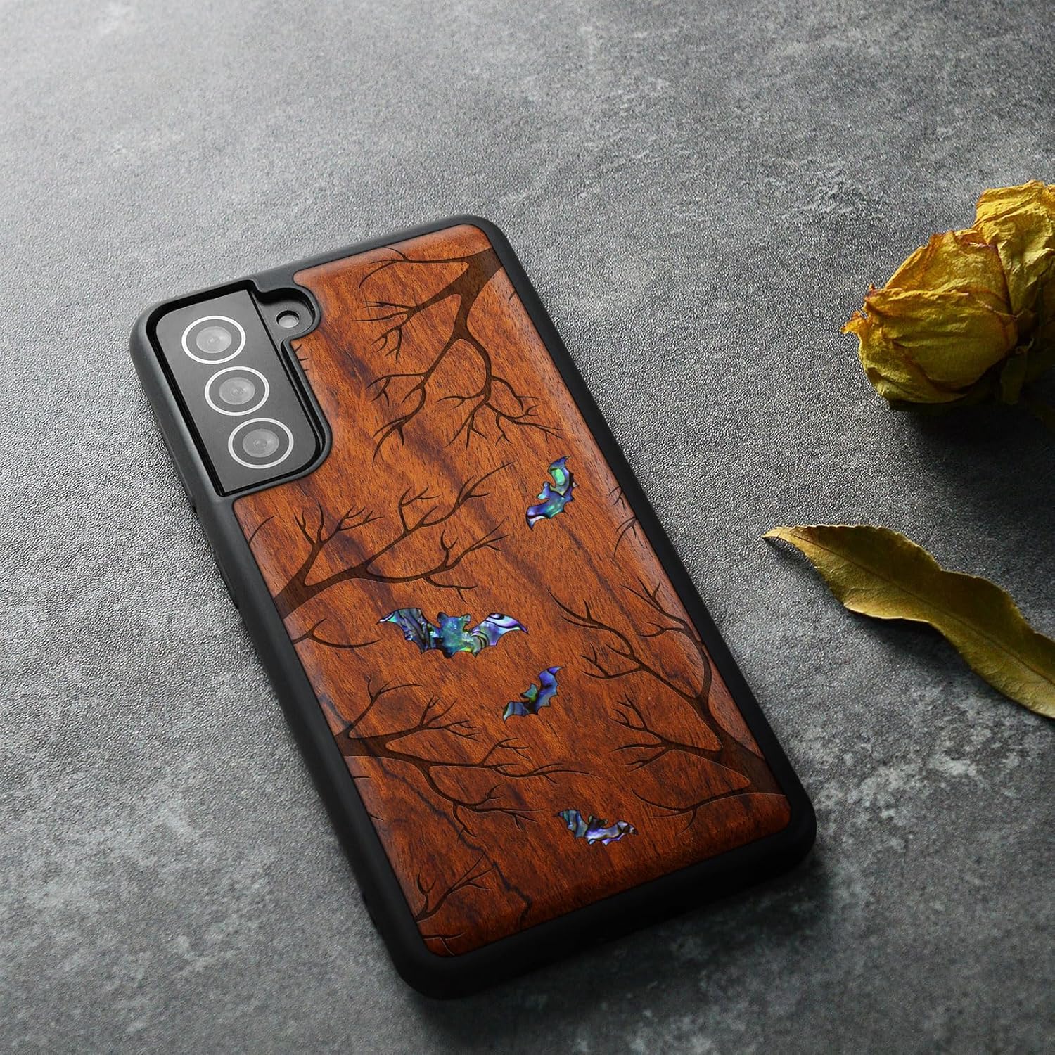 Carveit Designer Wooden Cover for Samsung Galaxy S22 Case [Wood Engraving & Shell Inlay] Compatible with Wireless Chargers S22 (Shadows of The Night-Rosy)