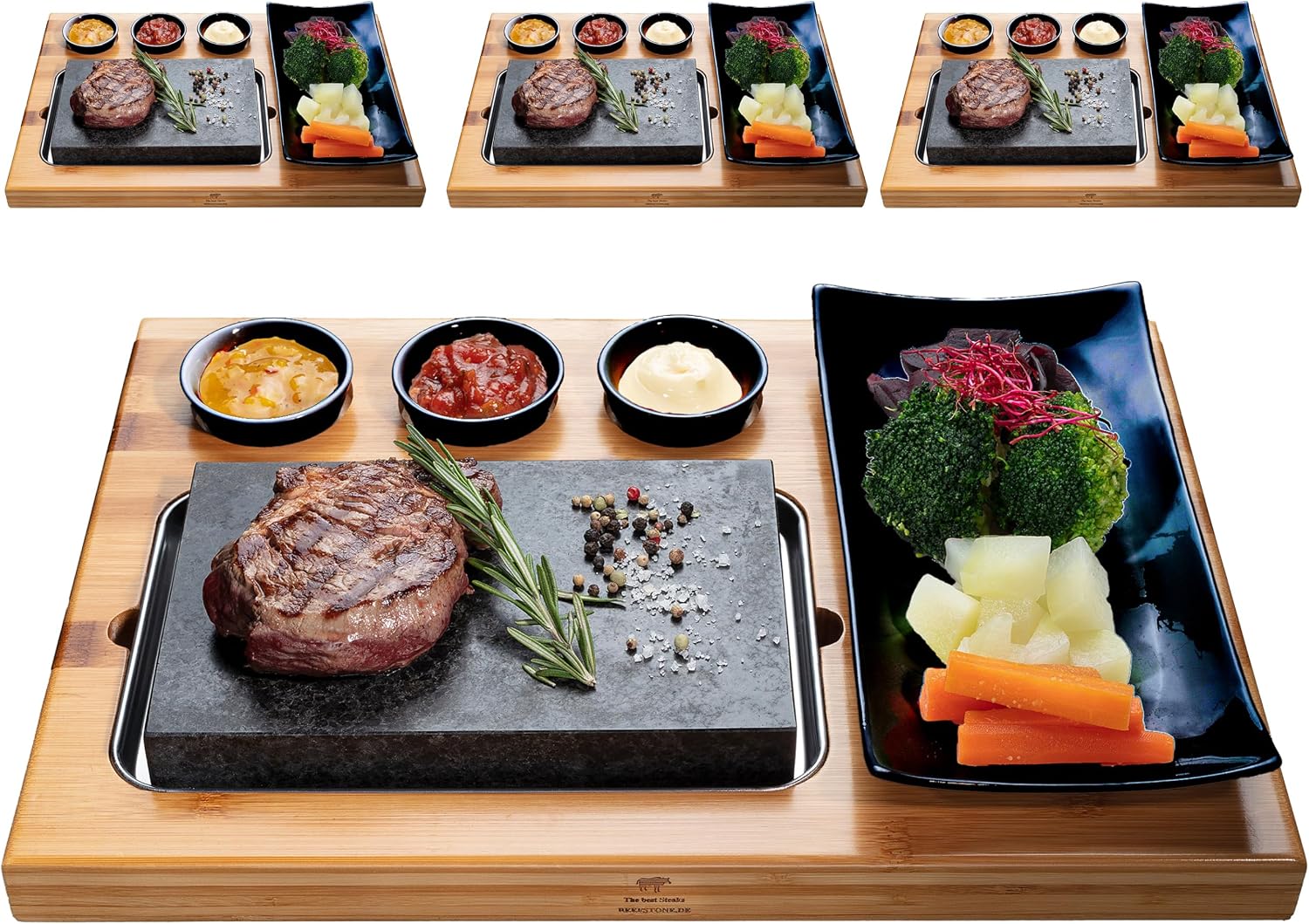 Hot Stone zestaw do grillowania z kamienia lawowego i płyty porcelanowej, mięsa, ryb na gorącym kamieniu (4 x Uno Black)
