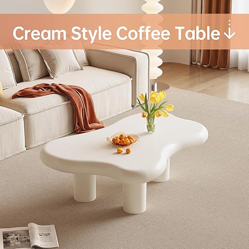 Miniatura 4 de Mesa auxiliar blanca crema, mesa central baja de forma irregular, mesa auxiliar única para sala de estar, estilo nórdico moderno, lindo, mesa