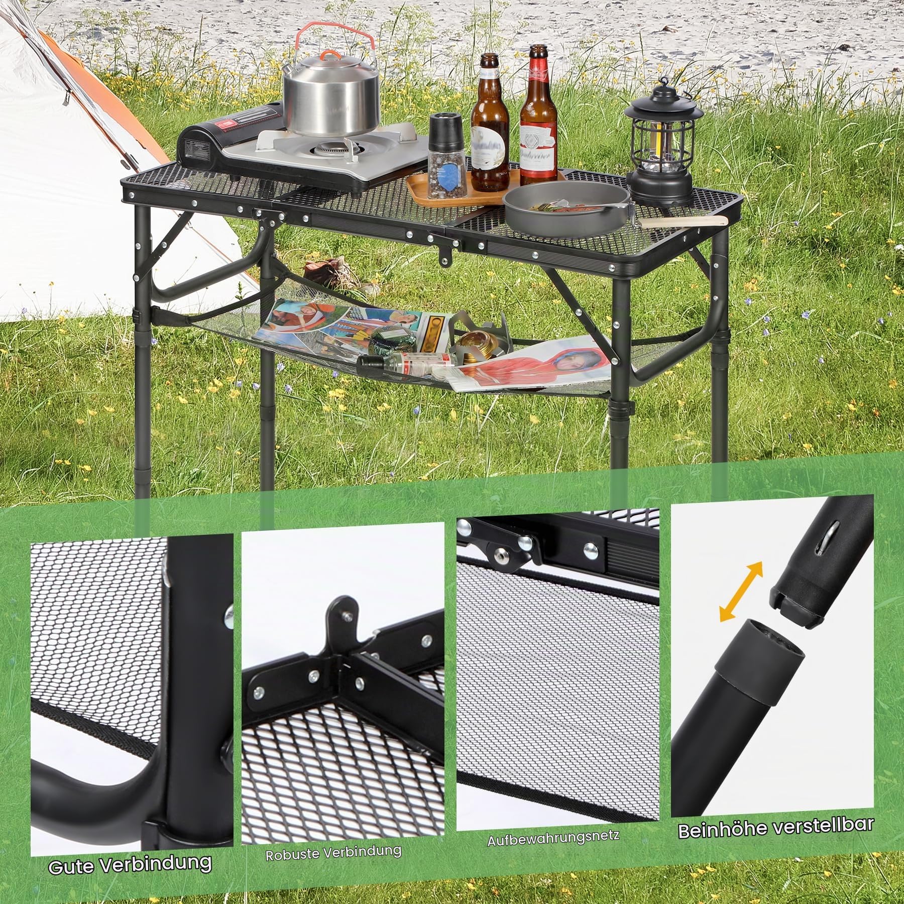 REDCAMP Tragbarer Grilltisch mit Mesh Desktop, höhenverstellbar, Schwarz | 87 x 40cm, Leichter Faltbarer Klappbarer Campingtisch, für Camping Kochen BBQ RV Picknick,einfach aufzubauen