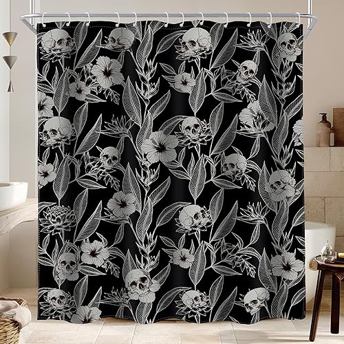 AMBZEK Cortina de ducha con diseño floral de calavera gótica, 60 pulgadas de ancho x 72 pulgadas de largo, para hombre, esqueleto gótico,