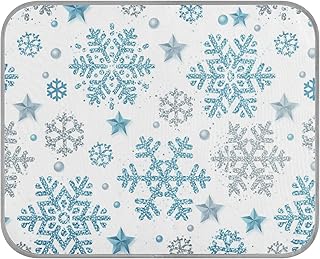 Christmas Silver and Blue Glittering Snowflakes and Stars on White Rectangle Ice Silk Dog Pet Pad, Soft Cooling Cat Mat Mattress, Washable Sleeping Pad for Puppy Cat Kennel (Small) 22 x 27 inch