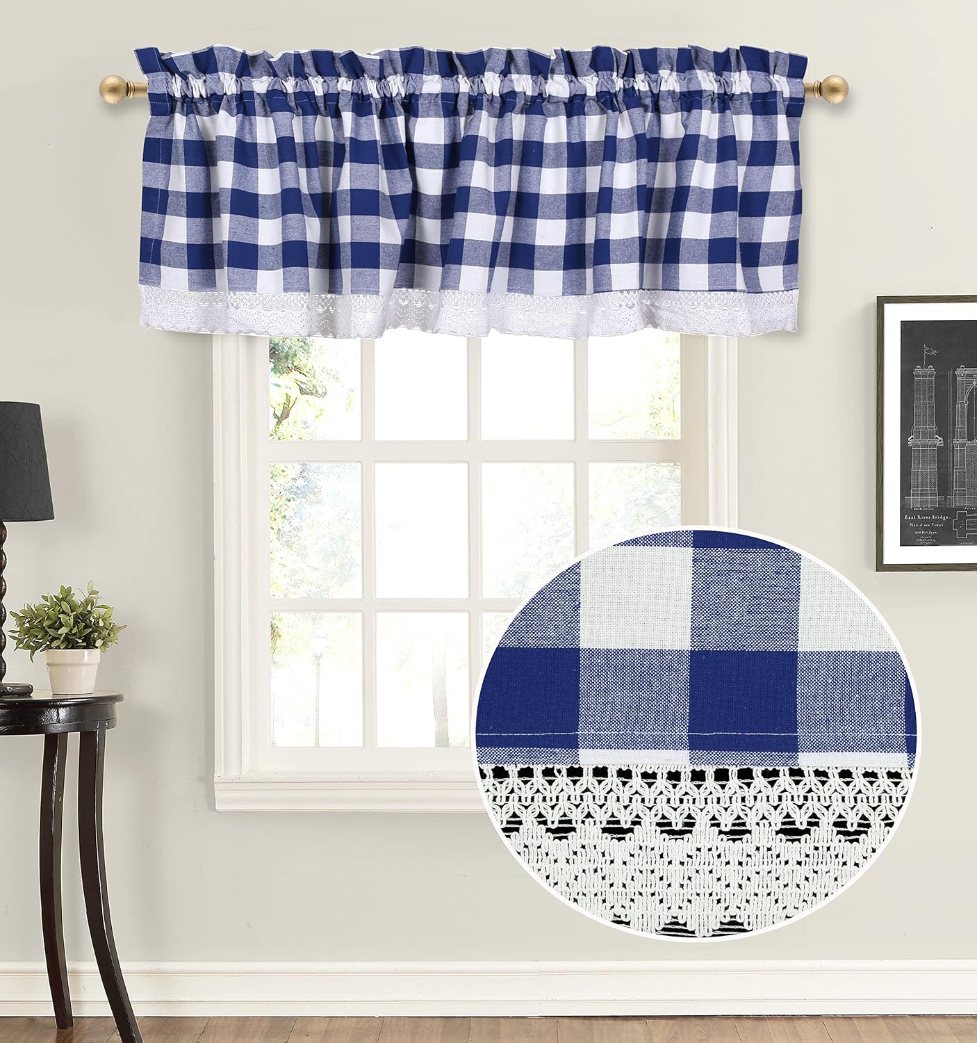 Navy and White Gingham Check Valance With Lace - 2Pack, 16x72 inch, 2 inch Rod Pocket Valances for Kitchen, Bath, Bed and Dining Room
