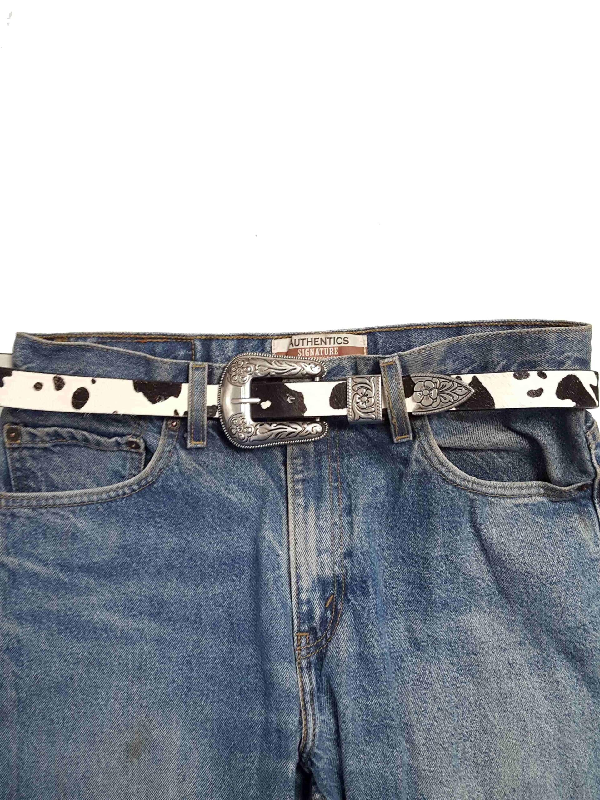 Cow Hair Leather Belt w. Western Buckle set Black M