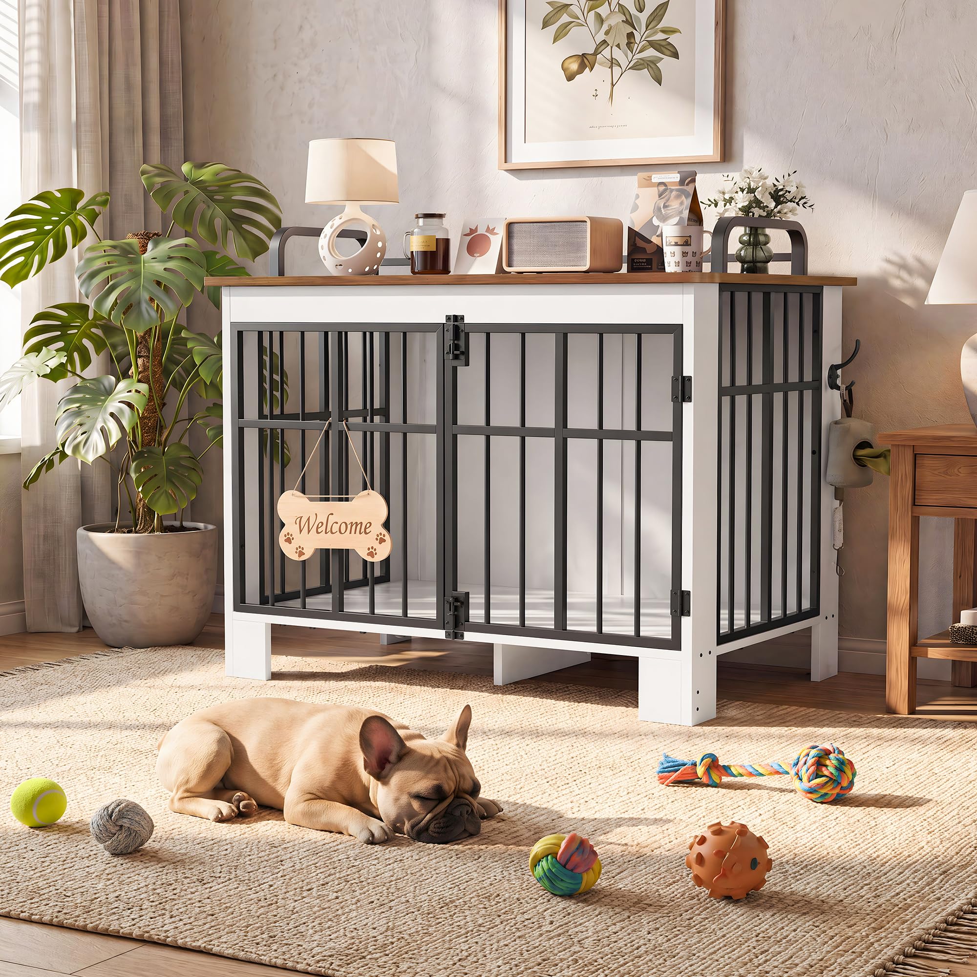 YITAHOME Large Wooden Dog Crate Furniture 100cm, Double Door, White+Brown