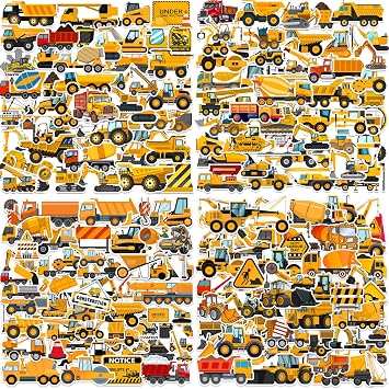 200 Pcs Construction Stickers, Construction Party Favors Supplies Birthday Decorations Engineering Vehicle Waterproof Vinyl Stickers for Kids for Water Bottle Laptop