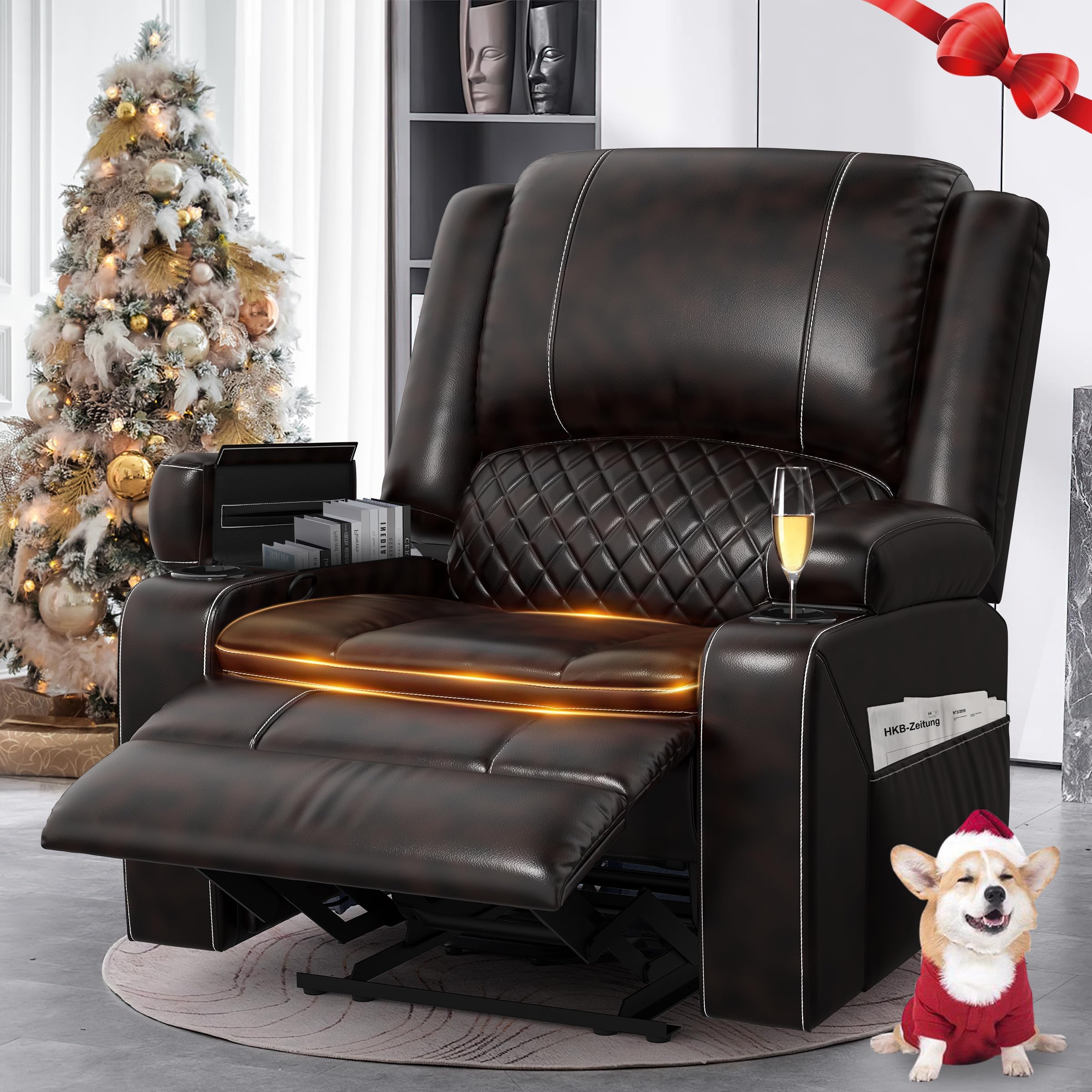 Yolsali Recliner Chairs for Adults, Oversize Manual Reclining Chair with 2-Tier Cushions, Faux Leather Recliner Chair with Hidden Storage Space,