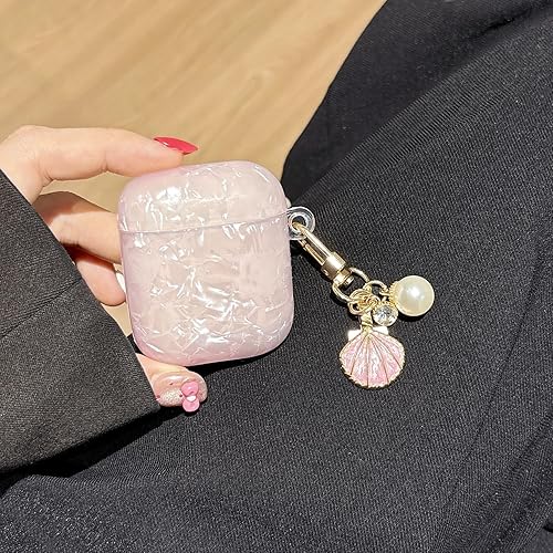 Miniatura 5 de Funda para Airpods de 21 generación con llavero de concha rosa perla, diseño de carcasa brillante, funda protectora de TPU suave compatible con