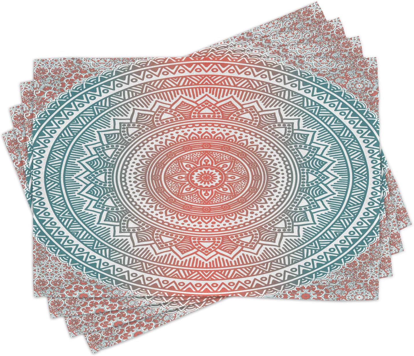 Ambesonne Teal and Coral Place Mats Set of 4, Ombre Mandala Art Antique Gypsy Folk Pattern Cosmos Image, Washable Fabric Placemats for Dining Table, Standard Size, Teal Coral