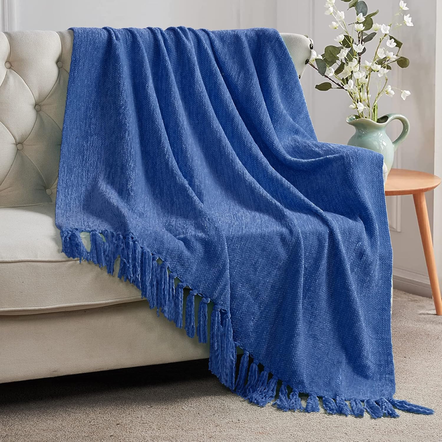 Home Soft Things Blue Crystal Chenille Throw Blanket,Lapis Blue, 50''x60'', Lightweight Soft Cozy Blanket with Fringe Accent Decorative Knitted Throw for Living Room Bedroom