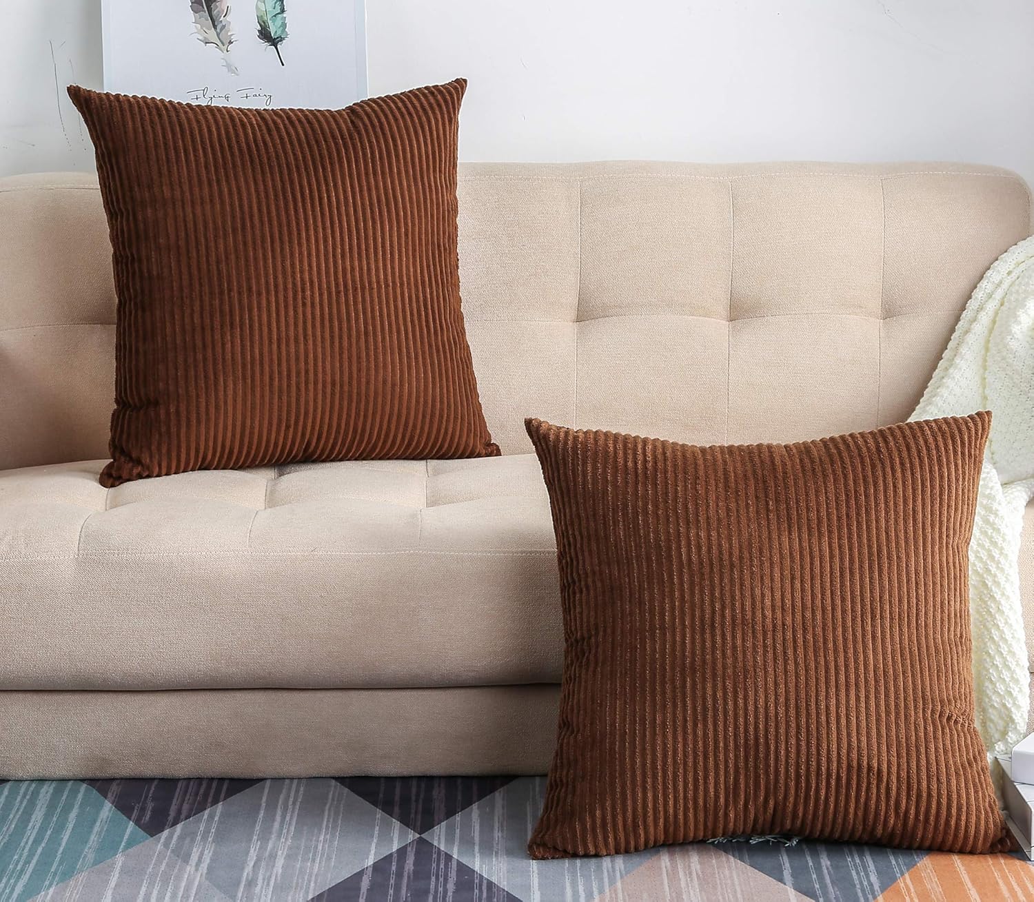 TangDepot, Set of 2 Solid Velvet Striped Corduroy Decorative Throw Pillow Covers, Square Pillow Covers - (22"x22" 2 Pieces, A65 Brown)