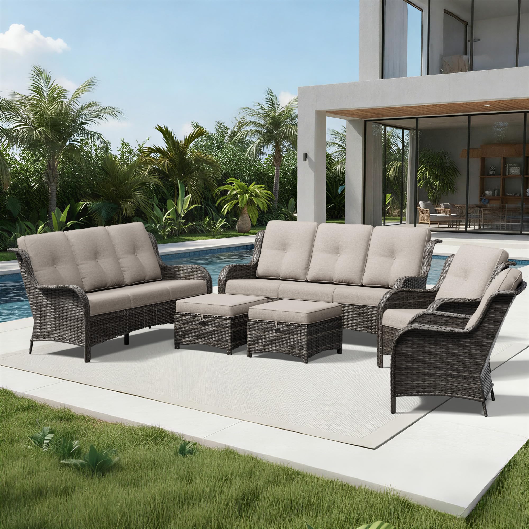 Joyside 6 Piece Wicker Patio Furniture Set, Rattan Patio Chairs with High Back, Deep Seating, Wide Armrest, Thickened Cushions, Outdoor Furniture for Deck, Porch Use