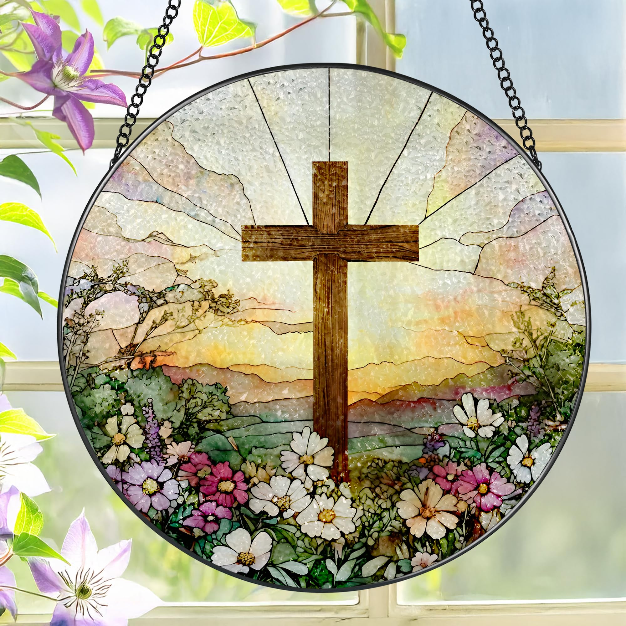 LAOWEIKI Stained Glass Cross Suncatcher
