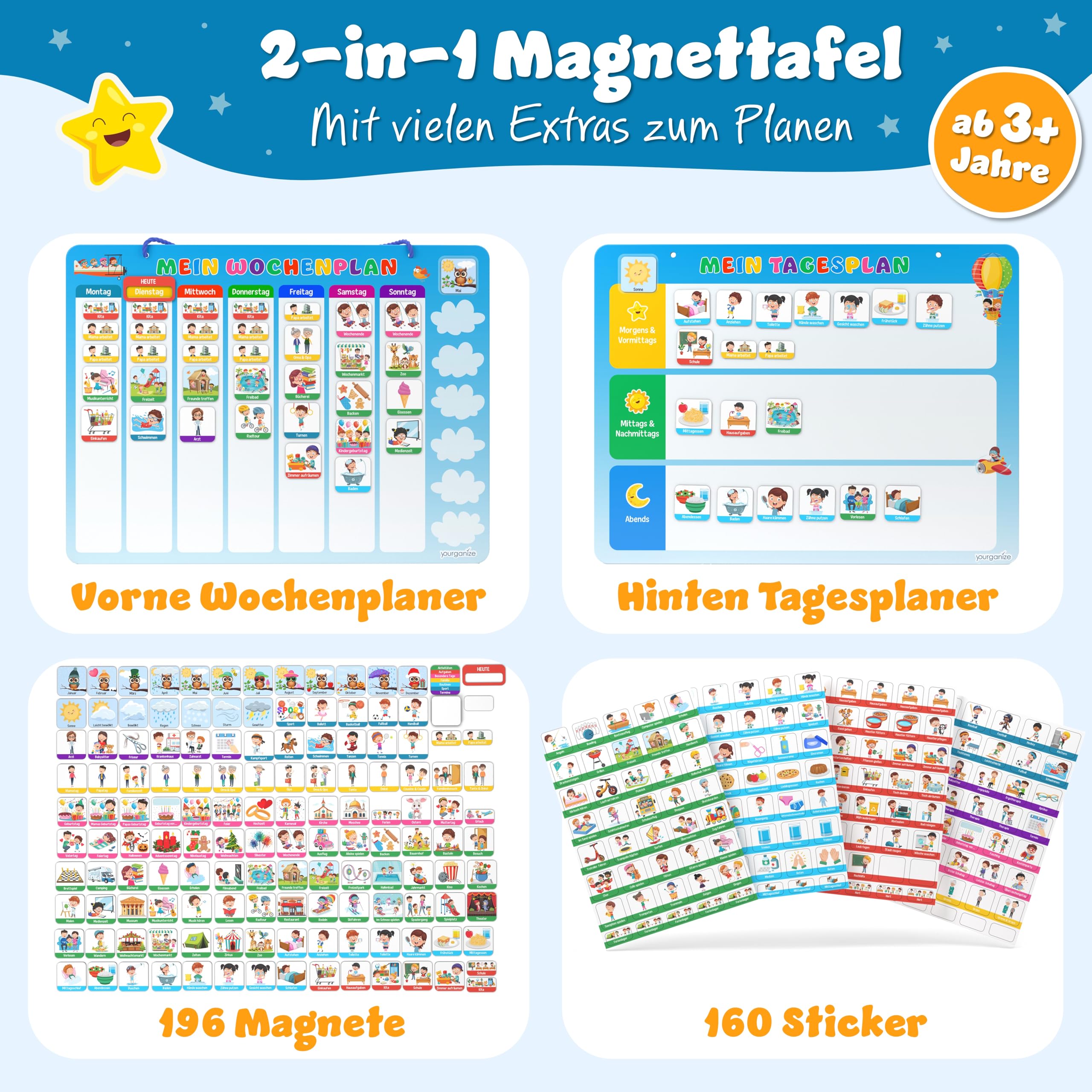 YOURGANIZE® 2-in-1 Wochenplaner und Tagesplaner für Kinder - inkl. 196 Magnete + 160 Sticker zum Personalisieren - Routine Planer Kinder