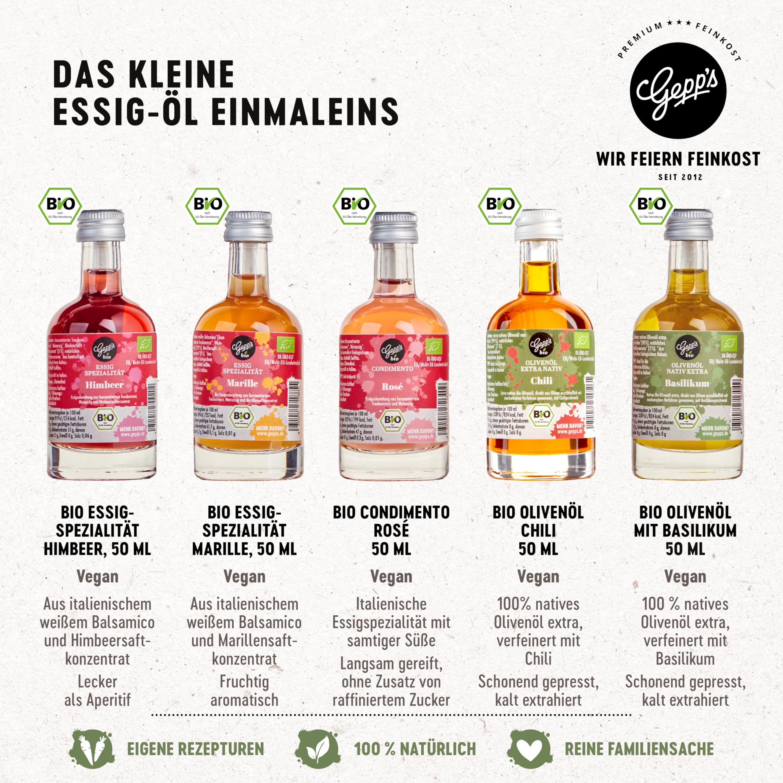 Gepp’s Feinkost Bio Essig und Öl Probier- & Geschenkset 5 x 50ml