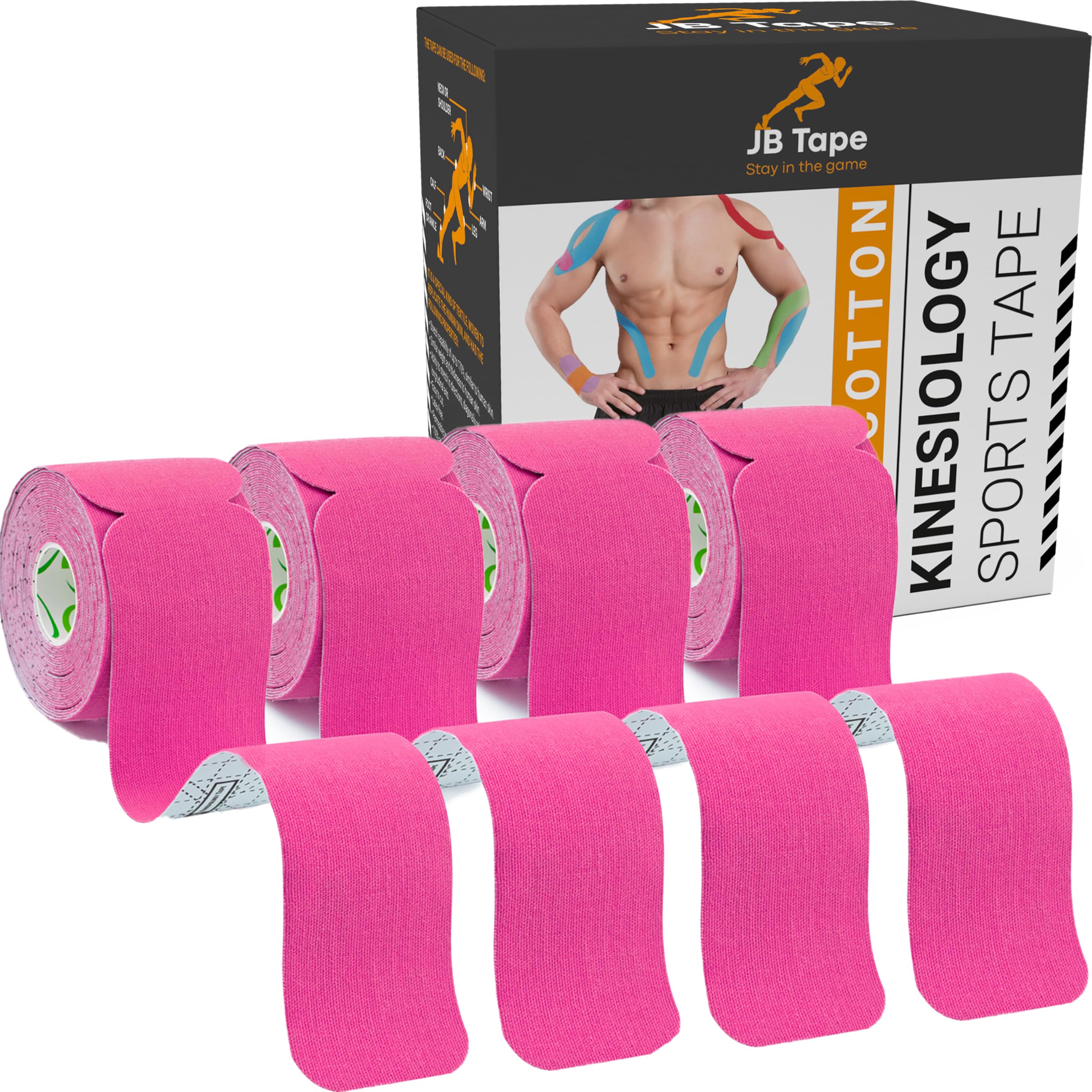 JB Tape Kinesiology Tape – 80 Precut 10-Inch Strips – Pink – Elastic, Latex-Free, Water Resistant – Athletic Muscle & Joint Support – 4 Rolls