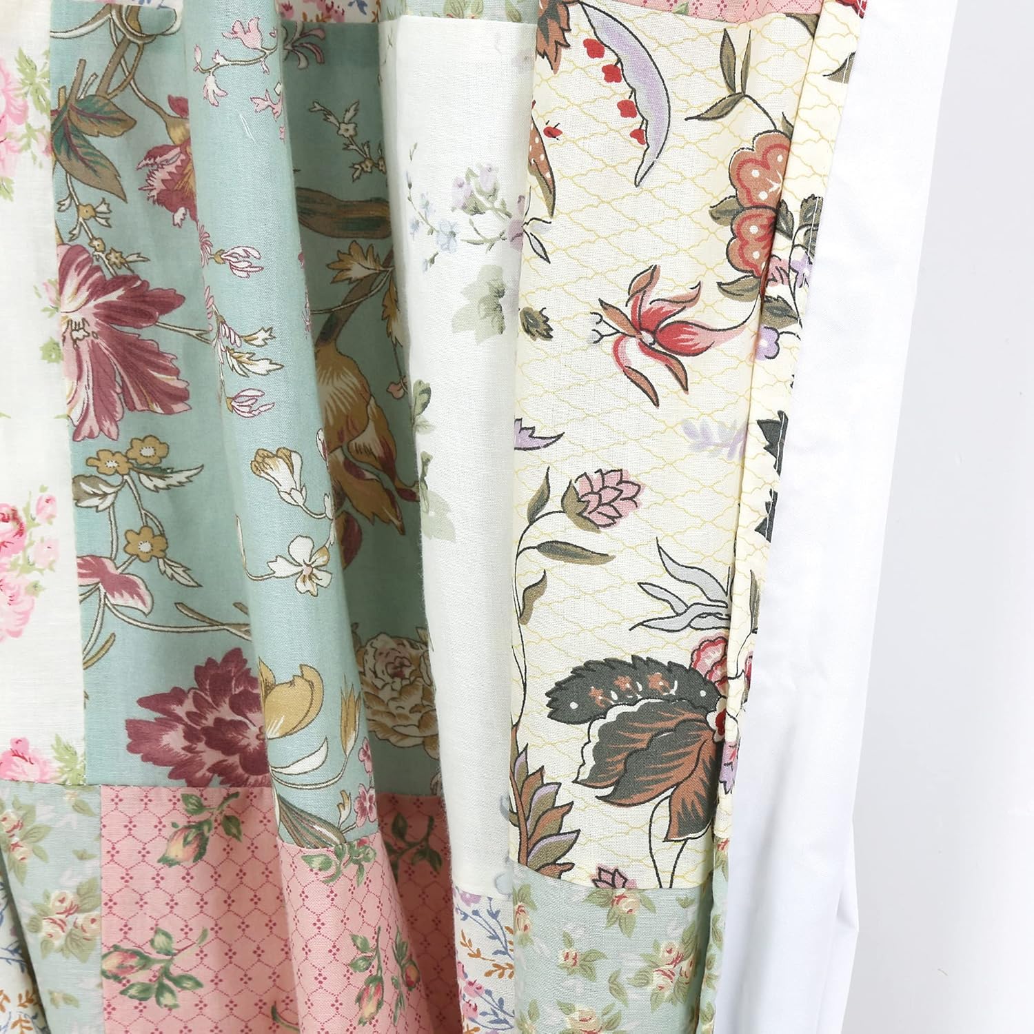 Celia Tiffany Floral Country Garden Pink Blue Patchwork Cotton Quilt Bedding Set and Accessories, Window Treatments Light Filtering Rod Pocket, 84" Drapes (2-Piece) with Tie Backs