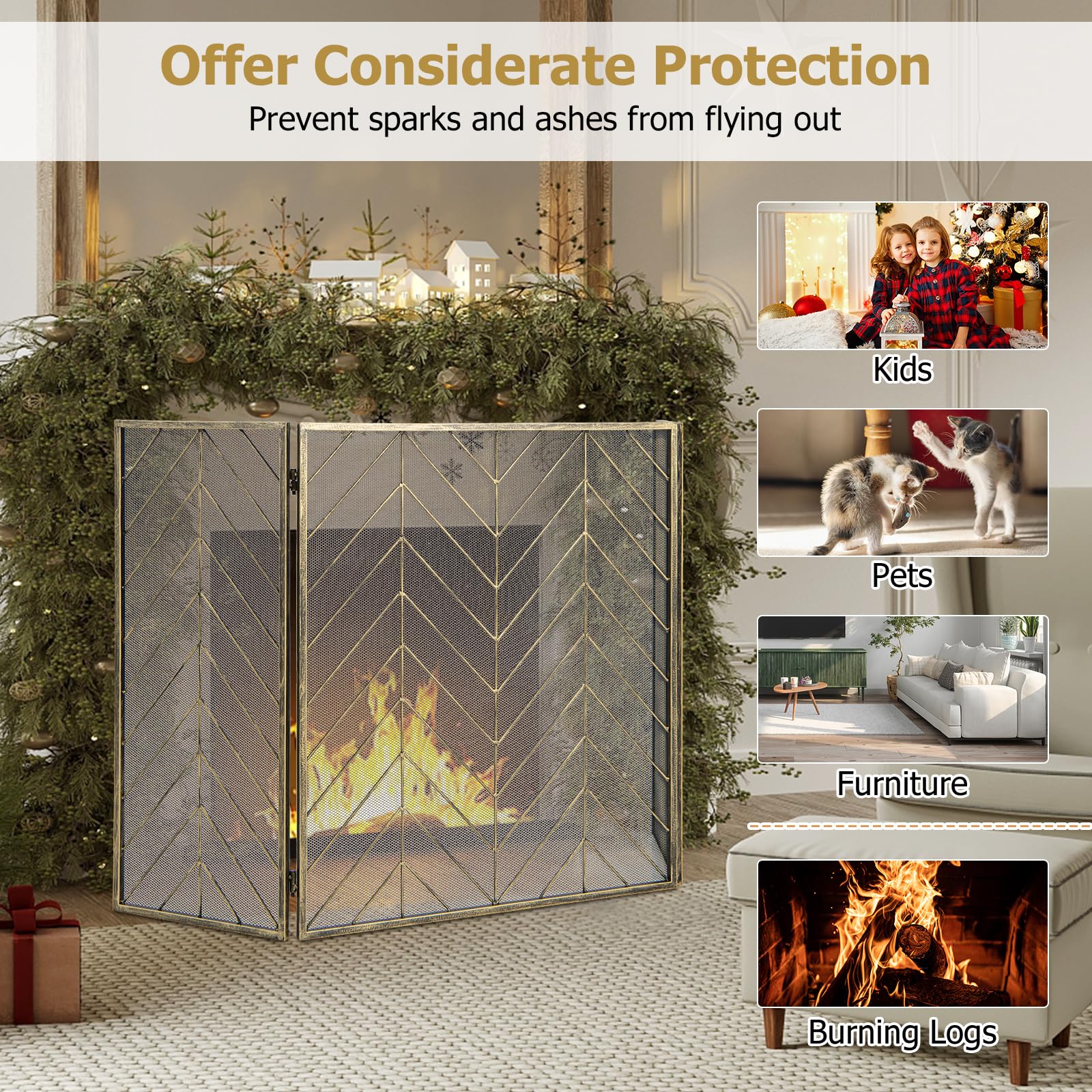 GIANTEX Écran de Cheminée à 3 Panneaux, Pare-étincelles Pare-feu Cheminée Pliable en Fer & Charnières Flexibles, Clôture de Cheminée Grille de Protection Cadre en Métal, pour Salon, Chambre (Bronzé)