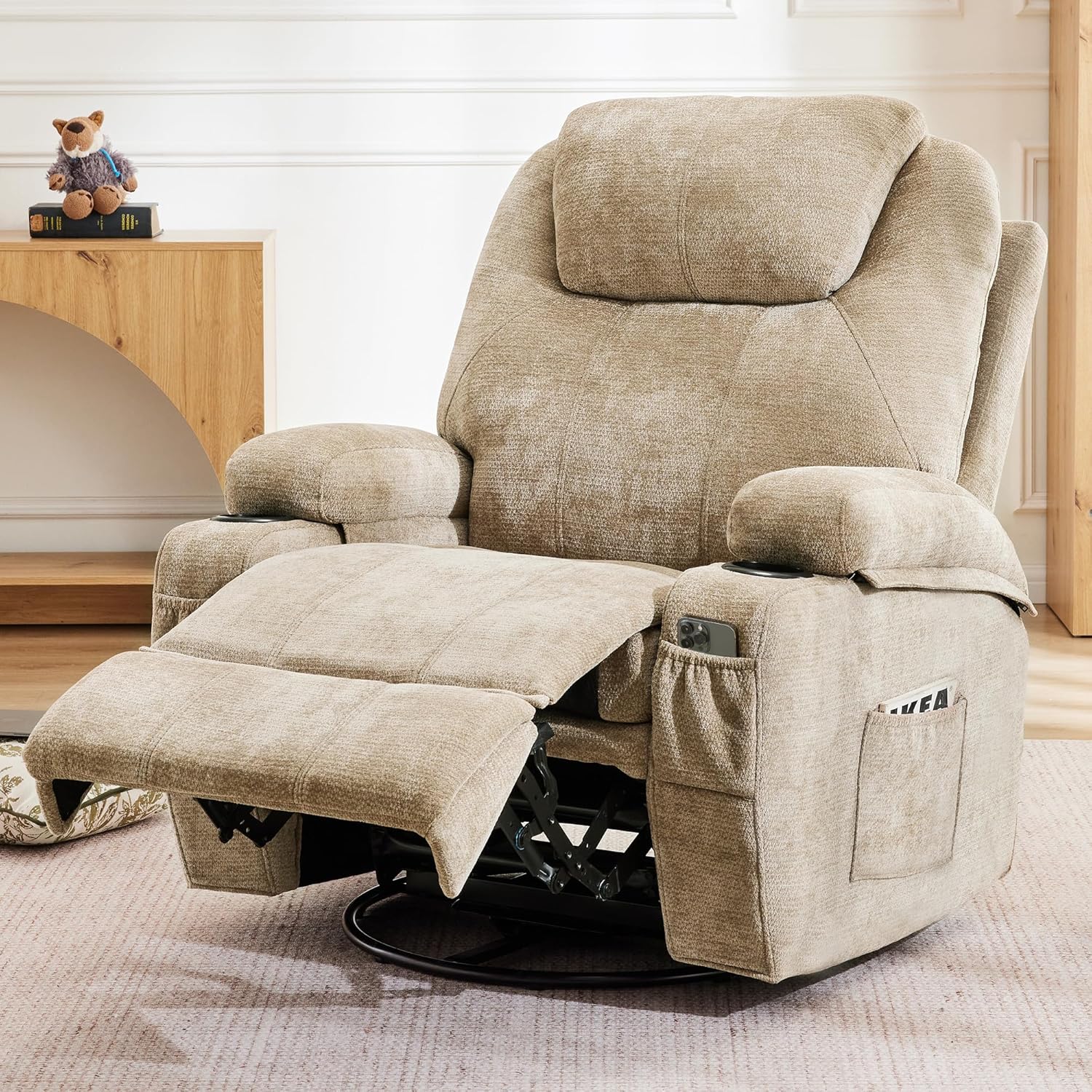 360°Swivel Rocker Recliner Chair,Manual Rocking Recliner with Stable Footrest for Adults,Upholstered Fabric Rocking Chair Swivel for Bedroom,Living Room,Brown