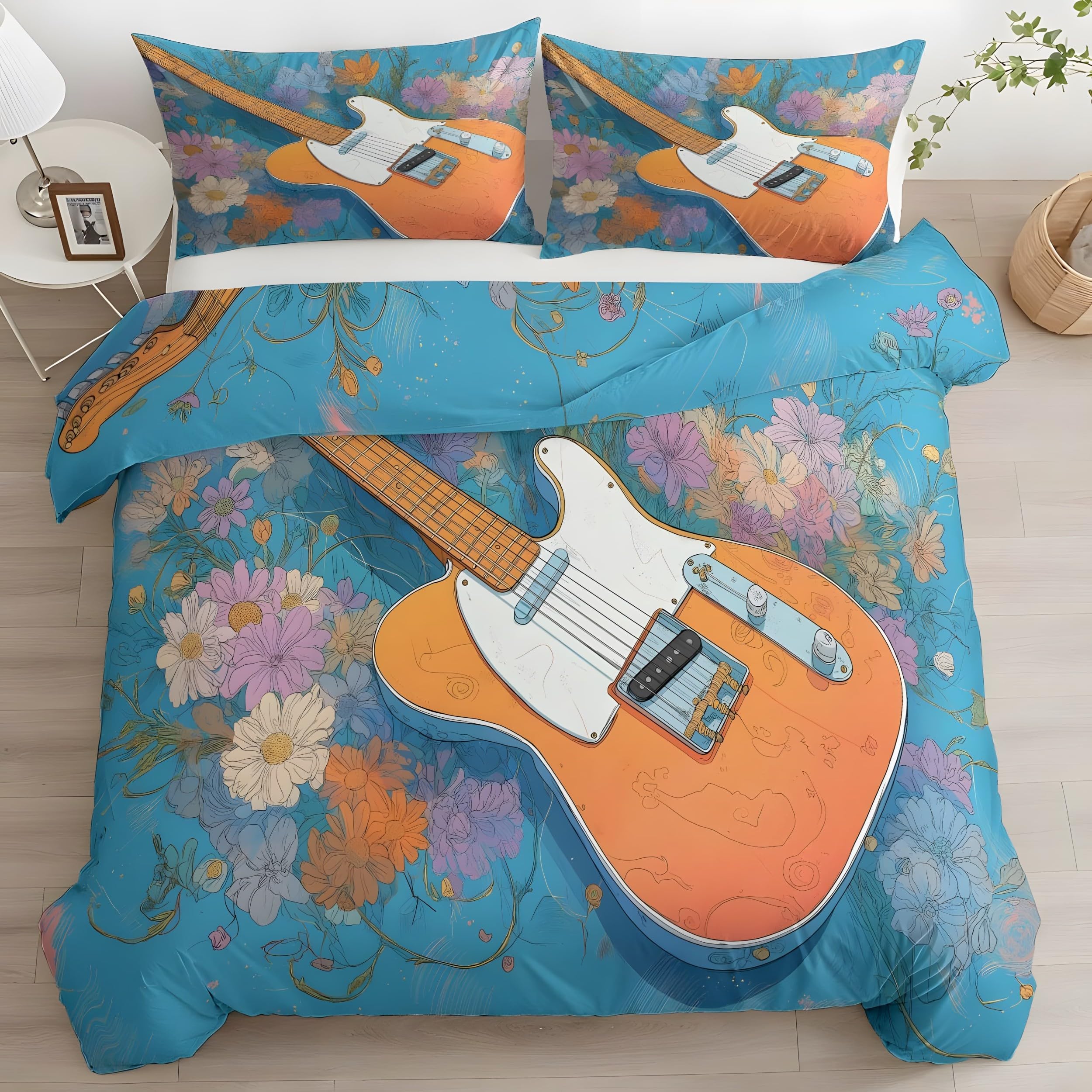 YZQGLHP Guitar & Florals Small Double Duvet Cover Set 135x220cm – 3D Print Blue Lightweight Microfiber Bedding, Soft Quilt Cover with Zipper & 2 Pillowcases 50x75cm