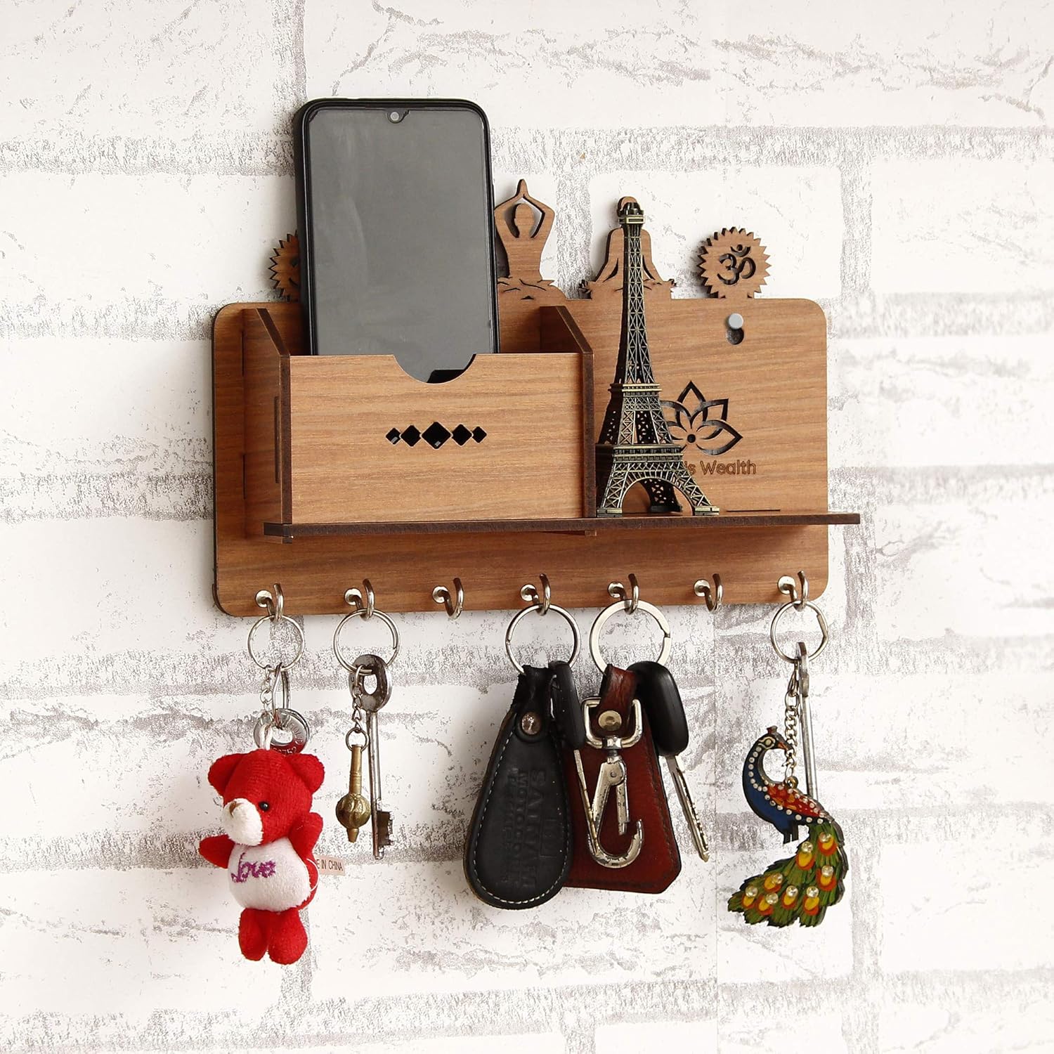 Webelkart Designer Yoga Side Shelf-Brown Wall Shelves Wooden Shelf, Keyholder (with 7 Keys Hooks)